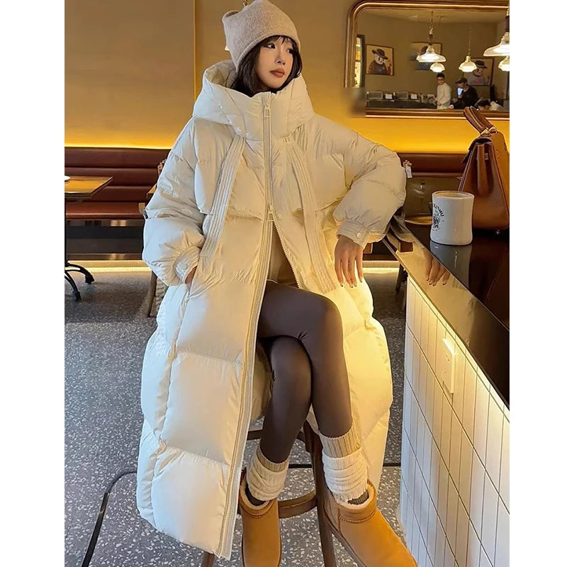 FIGOHR Women's Down Cotton Padded Jackets Korean Thickened Warm Long Overcoat Solid Hooded Overall Topcoat 2024 Winter