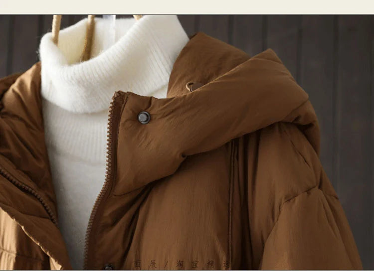 Schinteon Women White Duck Down Long Jacket Casual Loose Autumn Winter Outwear with Hood Warm Coat Big Pockets 2024 Korean Style