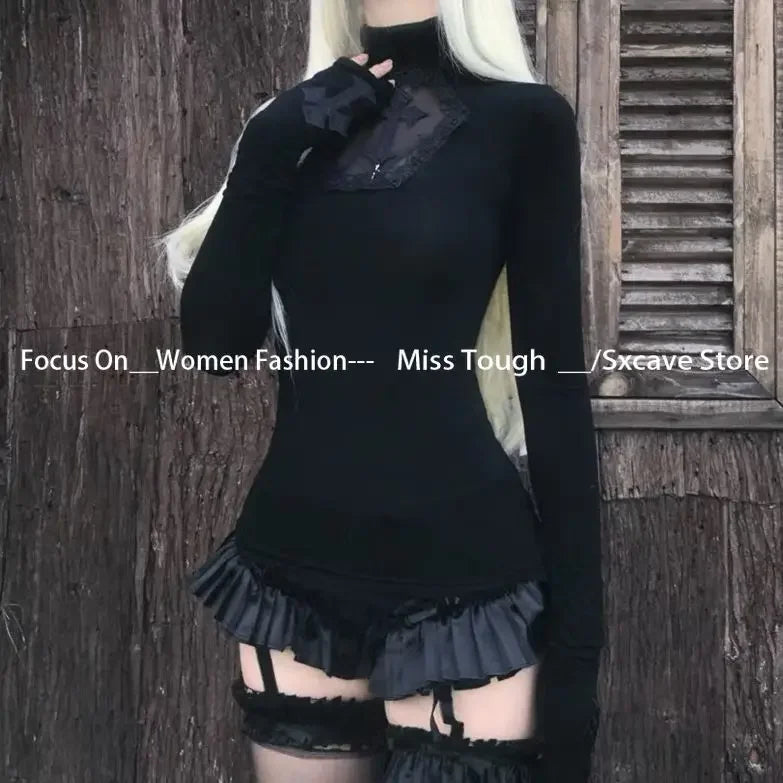 Long Sleeve Sexy Y2k T-shirt Women Tops High Neck Black Gothic Tees Cross Hollow Slimming Bottom Knitted Shirt Women Halloween