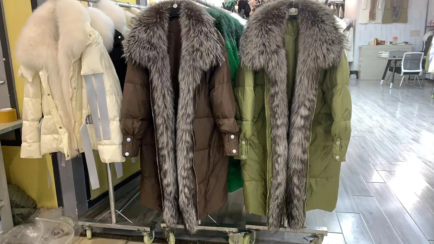 2025 New Winter Women Warm Coat 90% Goose Down Jacket Long Real Fox Fur Collar Thick Luxury Outerwear Female Coat Streetwear