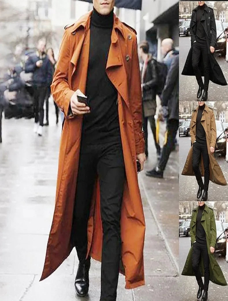 Men's Long Trench Coat Clothing Long Sleeve Loose Autumn Winter Solid Color Button Fashion Coats Trench