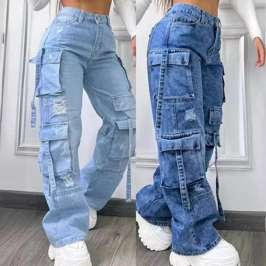 Women Denim Trousers Fashionable Solid Color Versatile Multi-pocket Casual Pants Ladies Large Size High Waist Denim