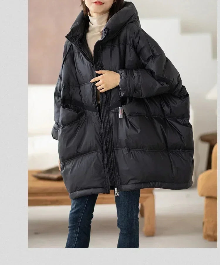 2024 New Winter Women 90% White Duck Down Jacket Casual Loose Over Size Warm Parka Female Drawstring Hooded Puffer Coat