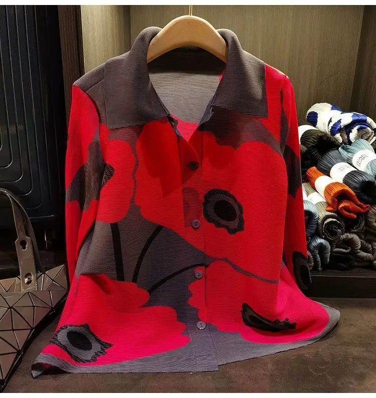 High end lapel print single breasted three bedroom top for women in spring, new loose  long sleeved pleated shirt jacket