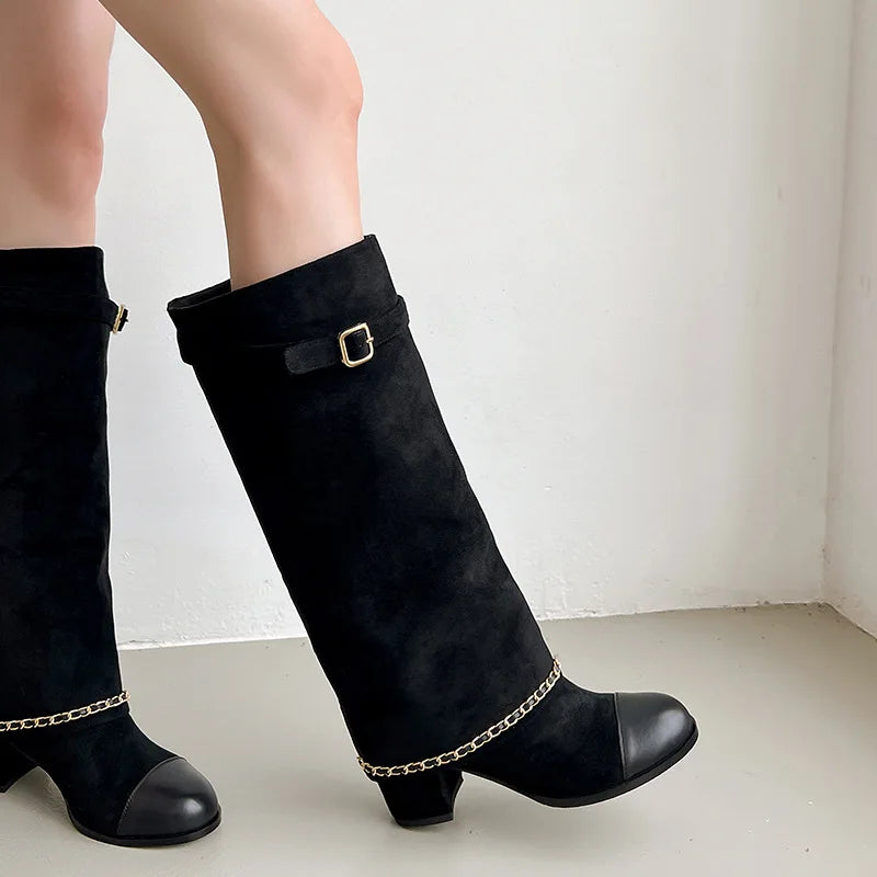 Arden Furtado 2024 Cowhide Mixed Colors Knee high boots Round toe Suede Pull-on Turned-over Edge Chunky heels Modern boots