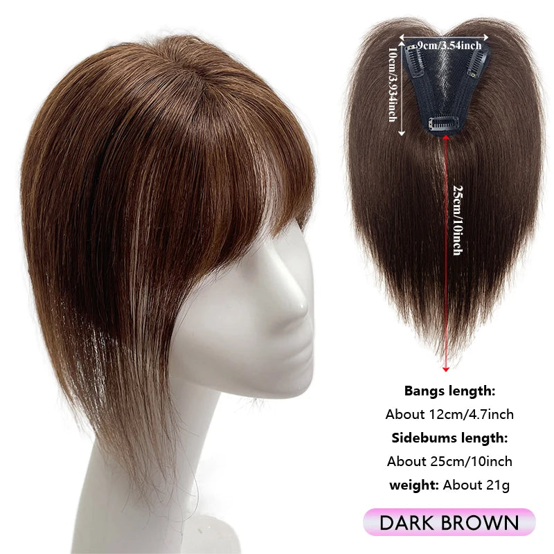 25cm 100% Human Hair 9*10cm Hairnet Black Dark Brown Clip in Hair Topper Extension with Bangs Top Wig Piece