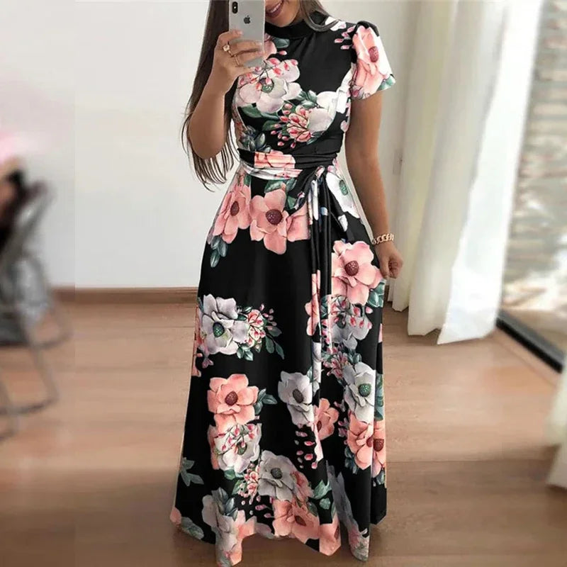 Women Summer Maxi Dress 2025 Casual Long Sleeve Boho Floral Print LOOSE Dress Turtleneck Bandage Elegant Party Dresses Vestidos