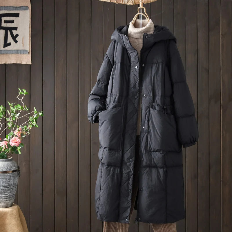 Schinteon Women White Duck Down Long Jacket Casual Loose Autumn Winter Outwear with Hood Warm Coat Big Pockets 2024 Korean Style