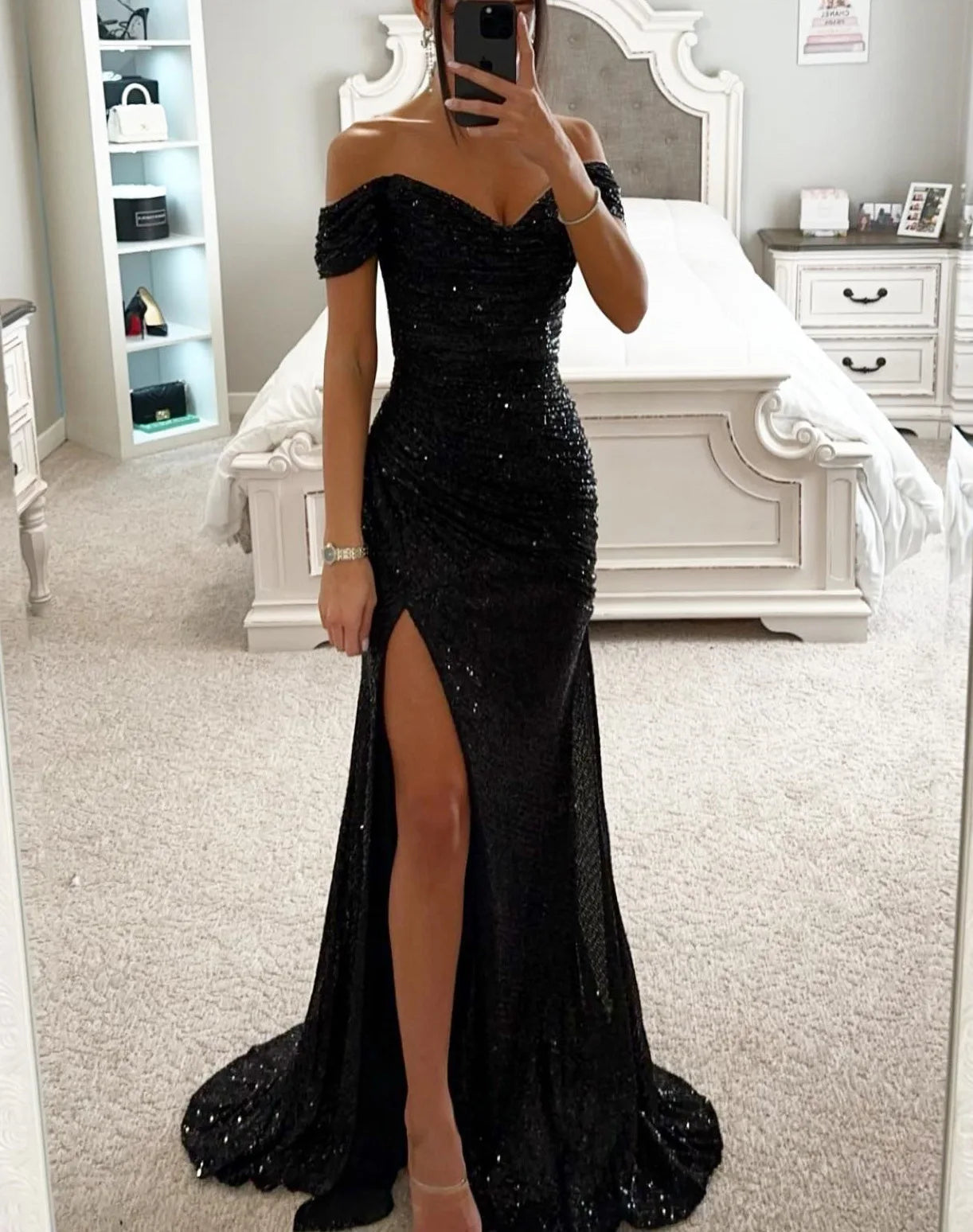 Women's Sexy Party Maxi Dress New Sequined One-line Collar Slit Dress Casual Fashion Prom Eveging Dresses For Women Robe Femme