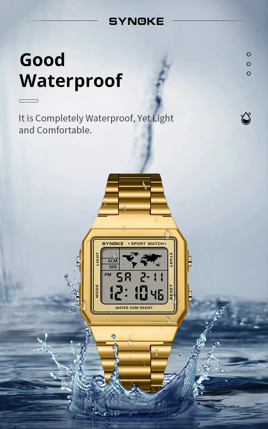 SYNOKE Top Brand Luxury Stainless Steel Chrono Sport Watches Men Back Light Display Digital Wristwatch 5Bar Waterproof Reloj Hom