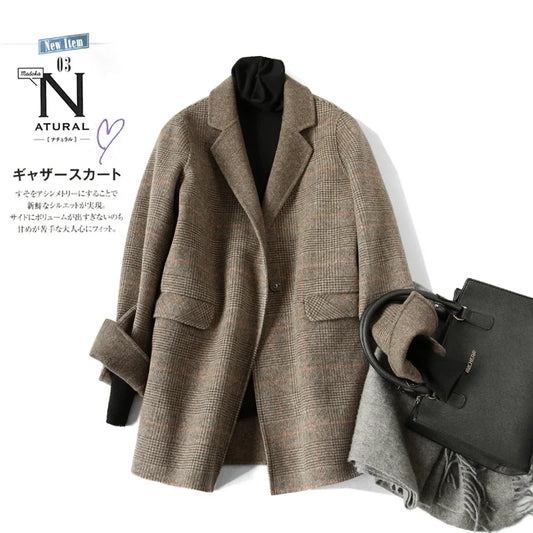 Handmade Sewn Double-sided Woolen Blazer Women Spring Autumn Plaid Wool Overcoat Office Lady Casual Suit Coat Thick Jacket