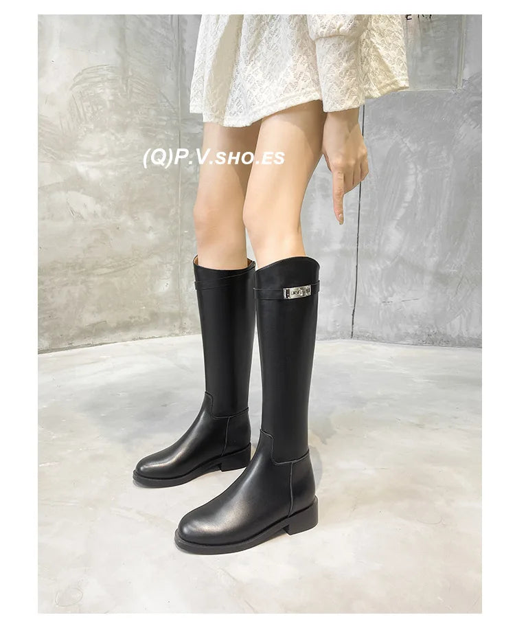 Genuine Leather Thick-Soled Autumn Winter New Style Chunky Heel Rhinestone Buckle High Tube Riding Over-The-Knee Long Boots
