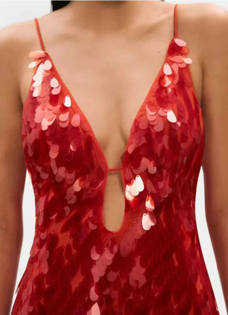 Sexy Women Maxi Dresses Elegant Sequins Sleeveless Female Long Dress Fashion  Solid Deep V Neck Ladies Party Robe Dress