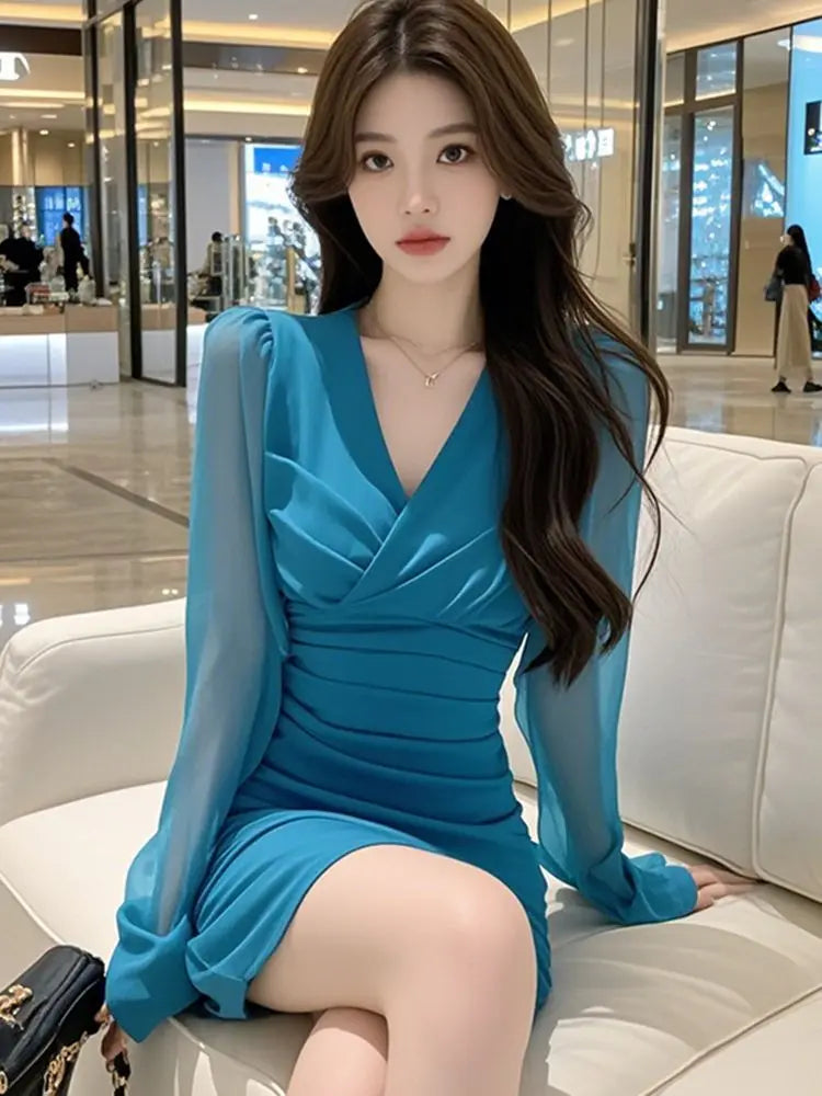 2025 New Women Clothes Temperament Dresses Ladies Fashionable Pleated V-neck Long Sleeve Sexy Dress Women Solid Color Dresses