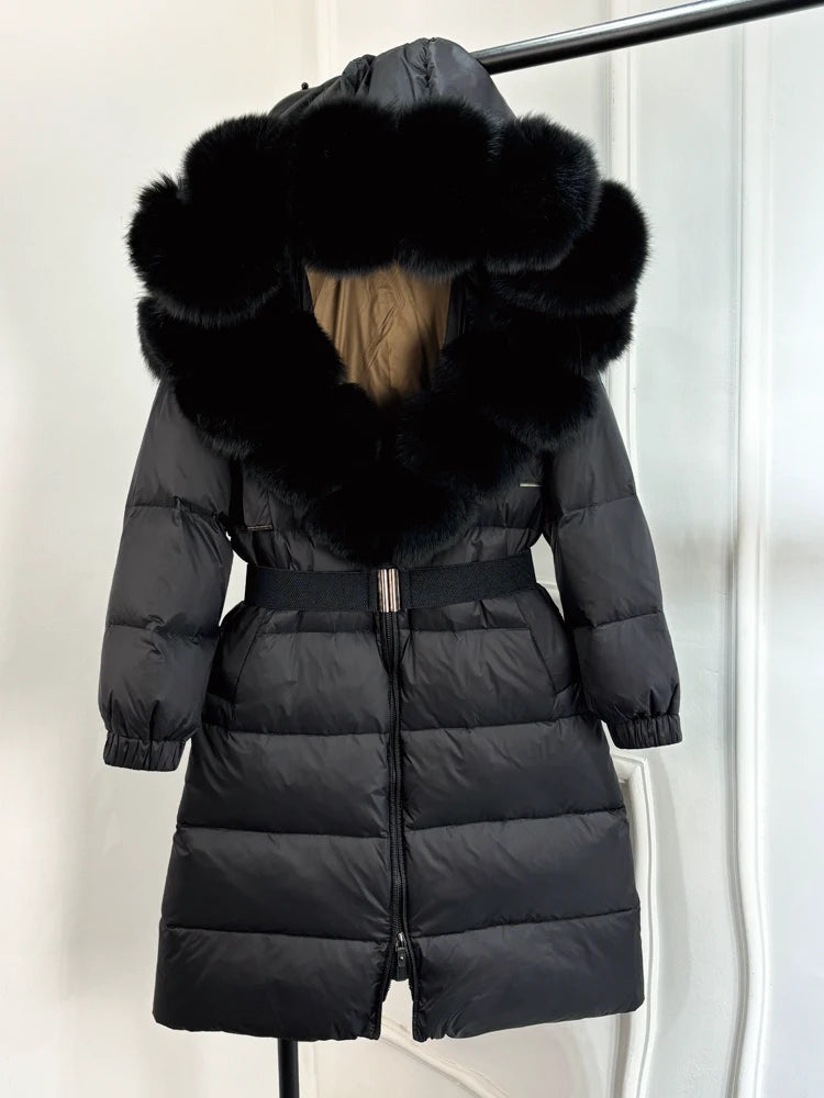 Lagabogy 2025 Winter Puffer Jacket Women Real Fox Fur Hooded Collar Thick Warm Long White Duck Down Coat Loose Luxury Outerwear