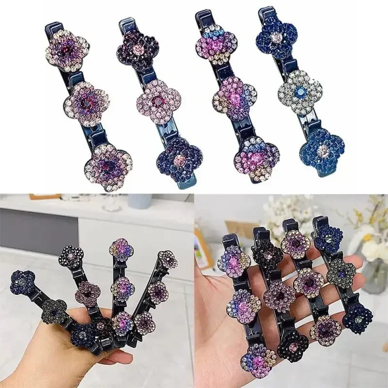 1PC Fashion Four-leaf Clover Braided Hair Finishing Side Clip Sparkling Crystal Stone Braided Hair Clips Forehead Bangs Clip