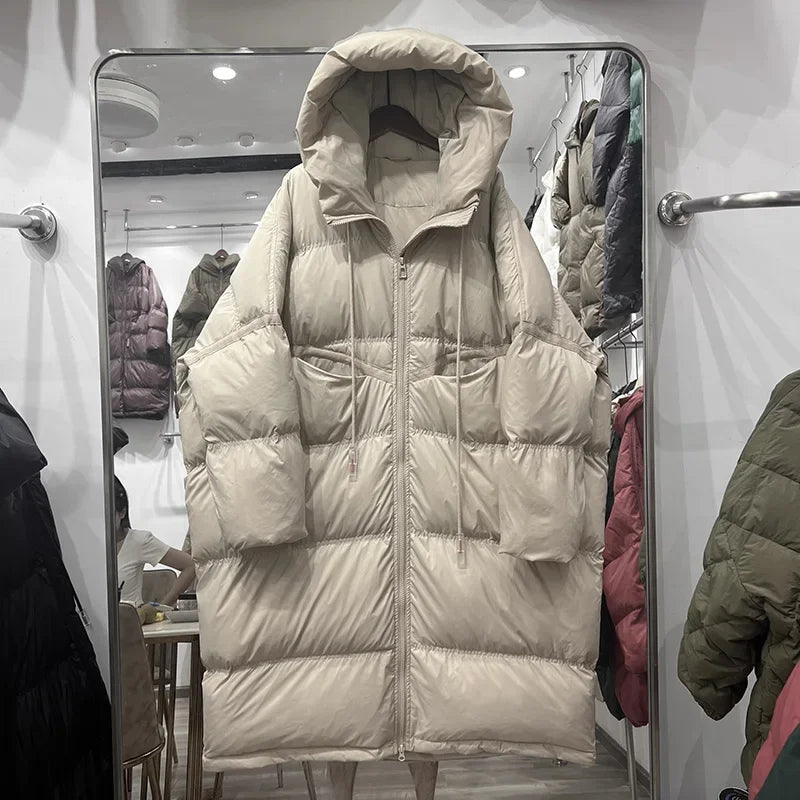 Schinteon Women White Duck Down Jacket with Hood Autumn Winter Warm Long Outwear Over Size Loose Coat 2025 New