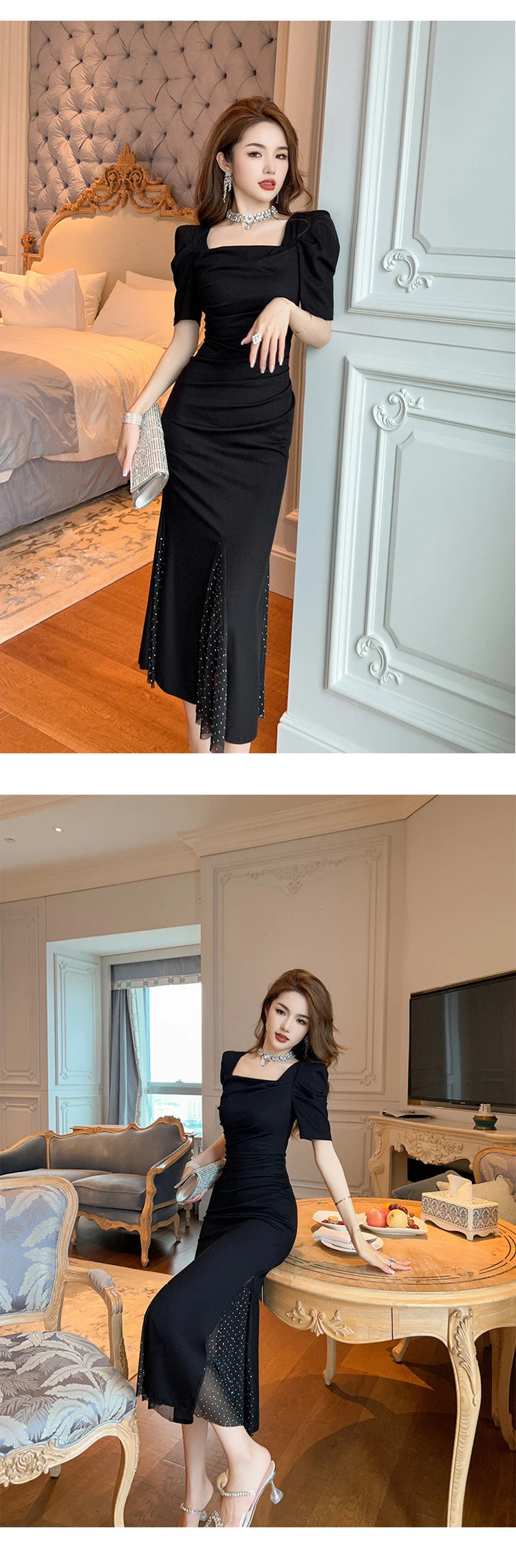 Women‘s Fashion French Retro Maxi Dress Woman Elegant Black Skinny Fishtail Robe Evening Party Vestidos Prom Banquet Gown Female