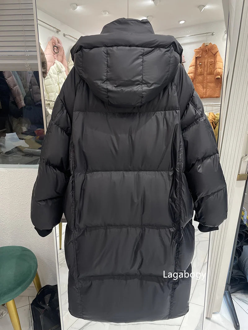 Lagabogy 2025 New Winter Women Puffer Jacket Female White Duck Down Coat Large Version of Warm Hooded Loose Thickened Long Parka