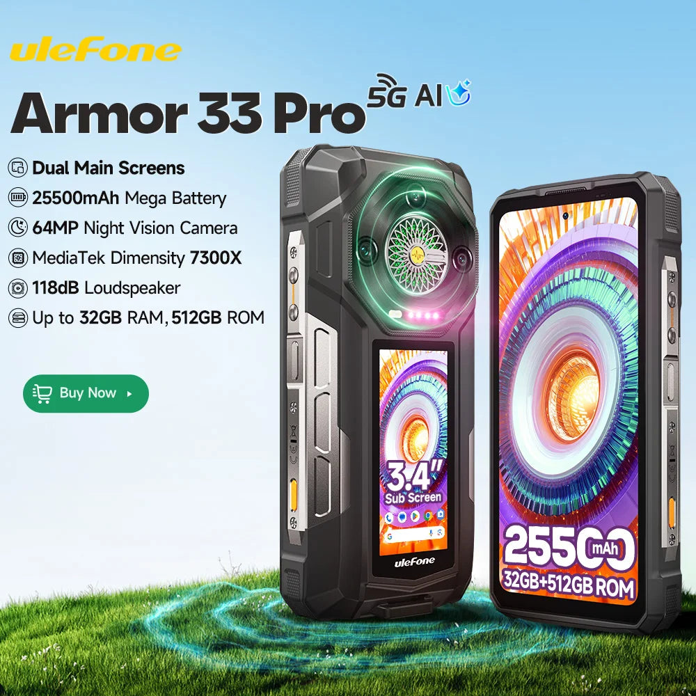 【World Premiere】Ulefone Armor 33 Pro 5G Rugged Phone 25500 mAh 512GB ROM 120Hz 6.59”3.4" Rear Screen NFC Android Smartphone