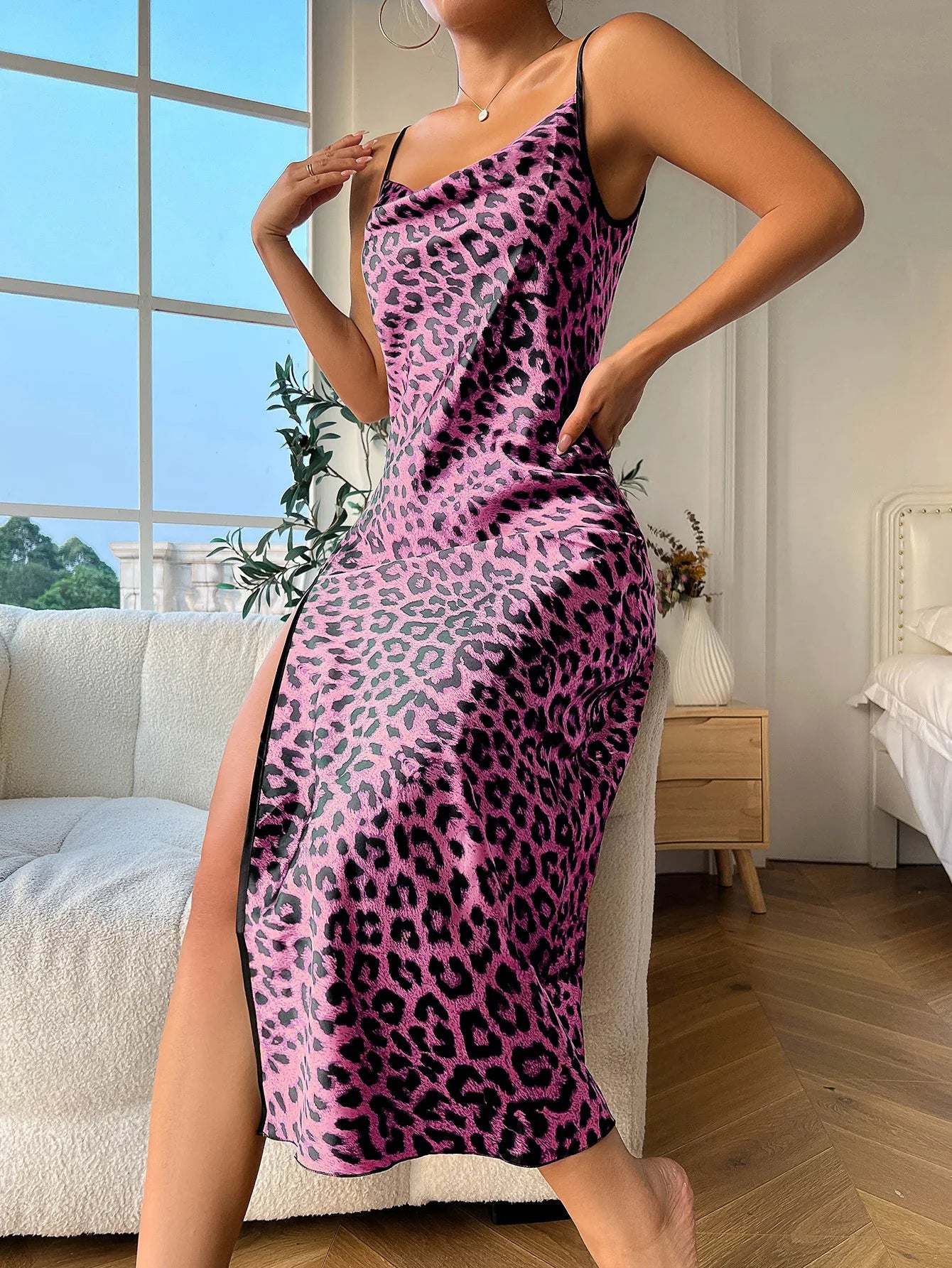 Fashion Backless Slit Ice Silk Camisole Skirt Nightgown Women's Summer Thin Breathable Imitation Silk Sexy Leopard Print Pajamas