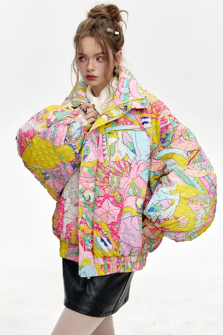 ELFSACK 2024 Winter New Arrivals Stand collar loose full printed short down jacket for women