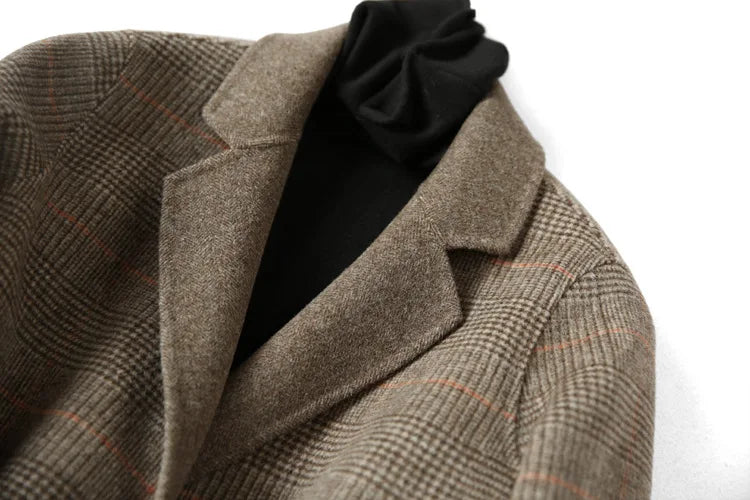 Handmade Sewn Double-sided Woolen Blazer Women Spring Autumn Plaid Wool Overcoat Office Lady Casual Suit Coat Thick Jacket