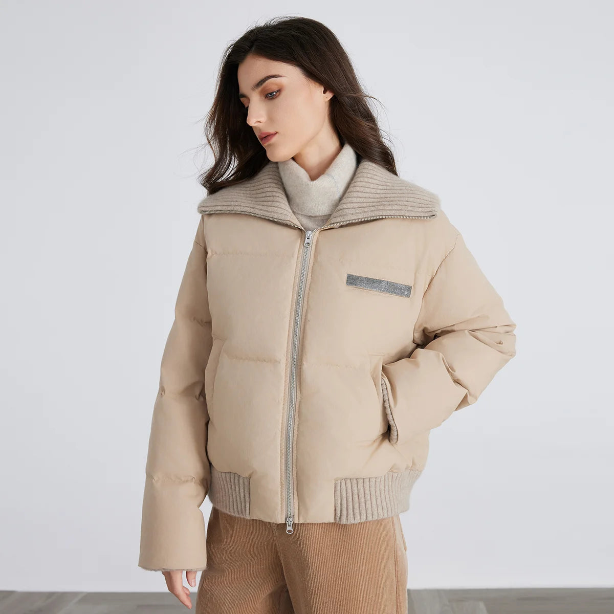 BC835 White goose down with large lapel warm zipper long-sleeved down jacket 100 cashmere warm coat