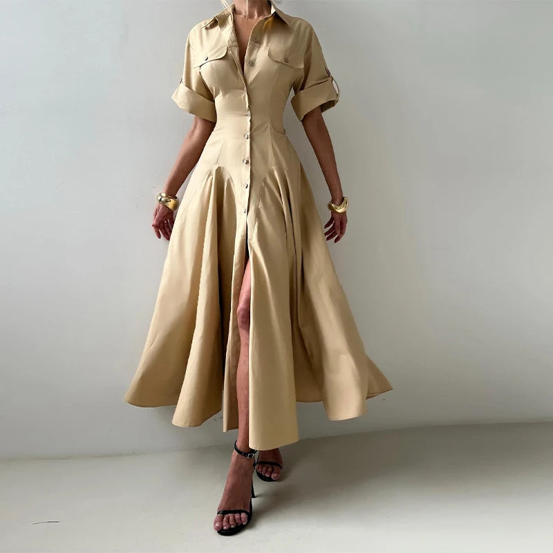 Elegant Single Breasted Khaki Long Dress Women Lapel Short Sleeve Pleat Slim Waist A-line Dresses 2025 Summer Autumn Lady Robes