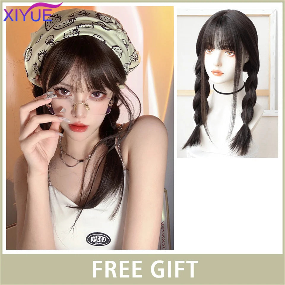 XIYUE Long Straight Black Wig With Bang Synthetic Wigs for Women Heat Resistant Natural Hair for Daily Halloween Cosplay Party
