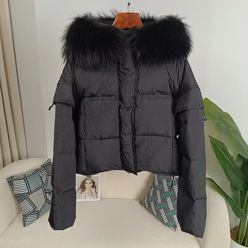 Outerwear Autumn Winter Women Hooded Fashionable Streetwear Detachable Sleeve Real Raccoon Fur Collar Jacket Duck Down Loose