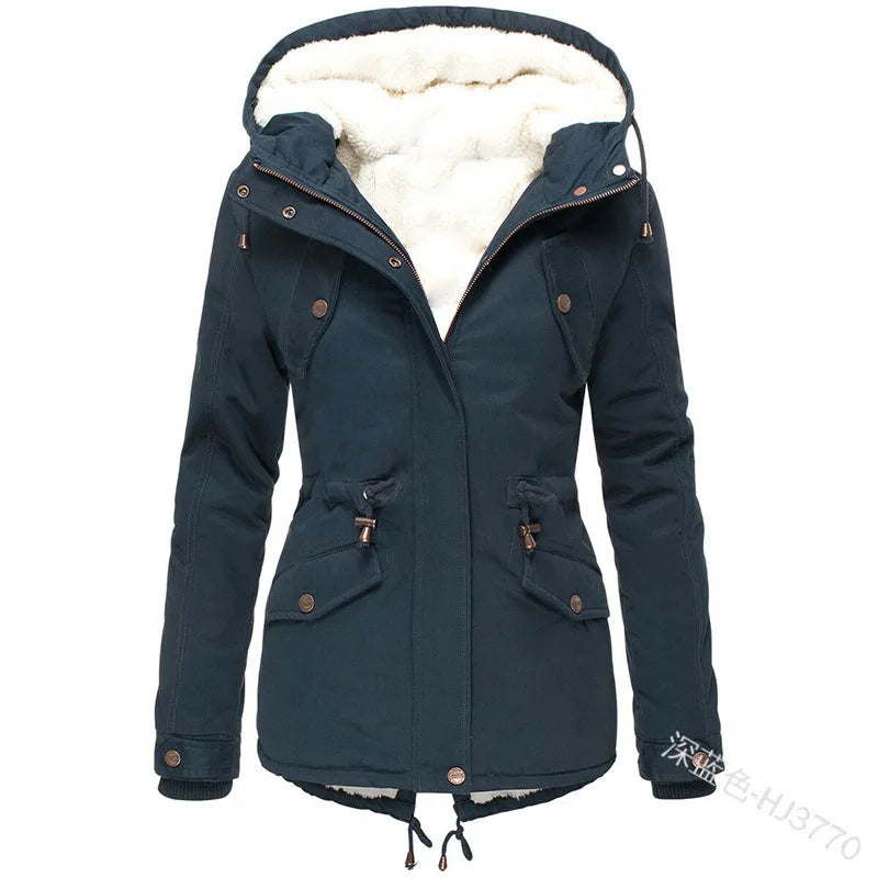 Women's Winter Jacket Warm Solid Plush Thickened Long Winter Coat Outdoor Hiking Hooded Casual Windproof Parka Coat Overcoat