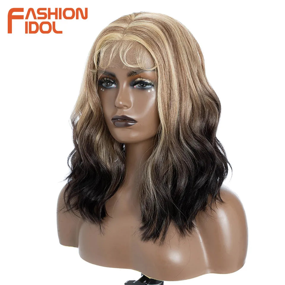 FASHION IDOL 12 Inch Bob 13x7 HD Lace Front Synthetic Wigs For Black Women Ombre Blue Heat Resistant Short Body Wave Cosplay Wig