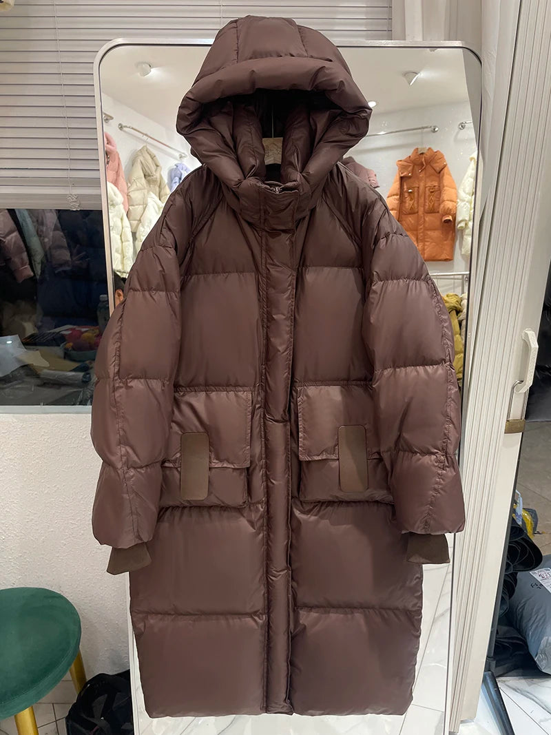 Lagabogy 2025 New Winter Women Puffer Jacket Female White Duck Down Coat Large Version of Warm Hooded Loose Thickened Long Parka
