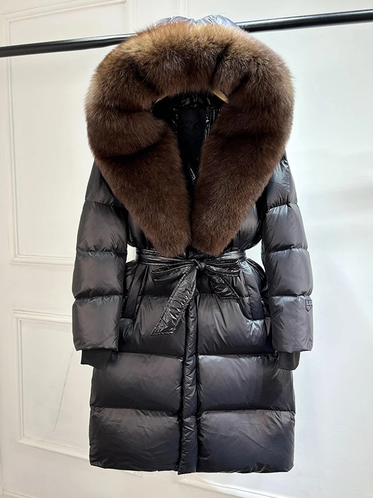 Janveny Winter Real Natural Fox Fur Hooded Long Puffer Down Jacket Women 90% Goose Down Coat Thick Warm Female Shiny Parkas