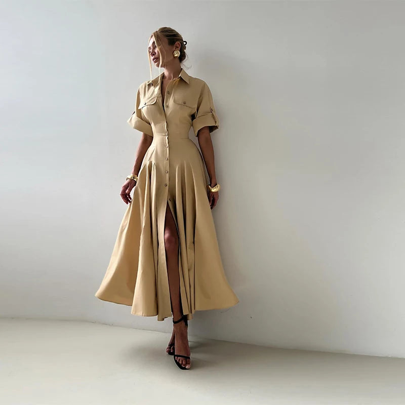 Elegant Single Breasted Khaki Long Dress Women Lapel Short Sleeve Pleat Slim Waist A-line Dresses 2025 Summer Autumn Lady Robes