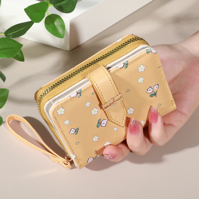 Flower patterned credit card holder for women or men's small card case with zipper hand-held wallet