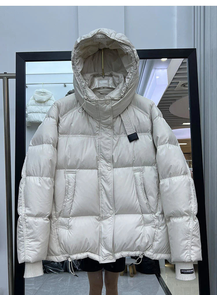 Schinteon Women White Duck Down Jacket with Hood Autumn Winter Warm Outwear Korean Style Over Size Loose Solid Color Coat 2025