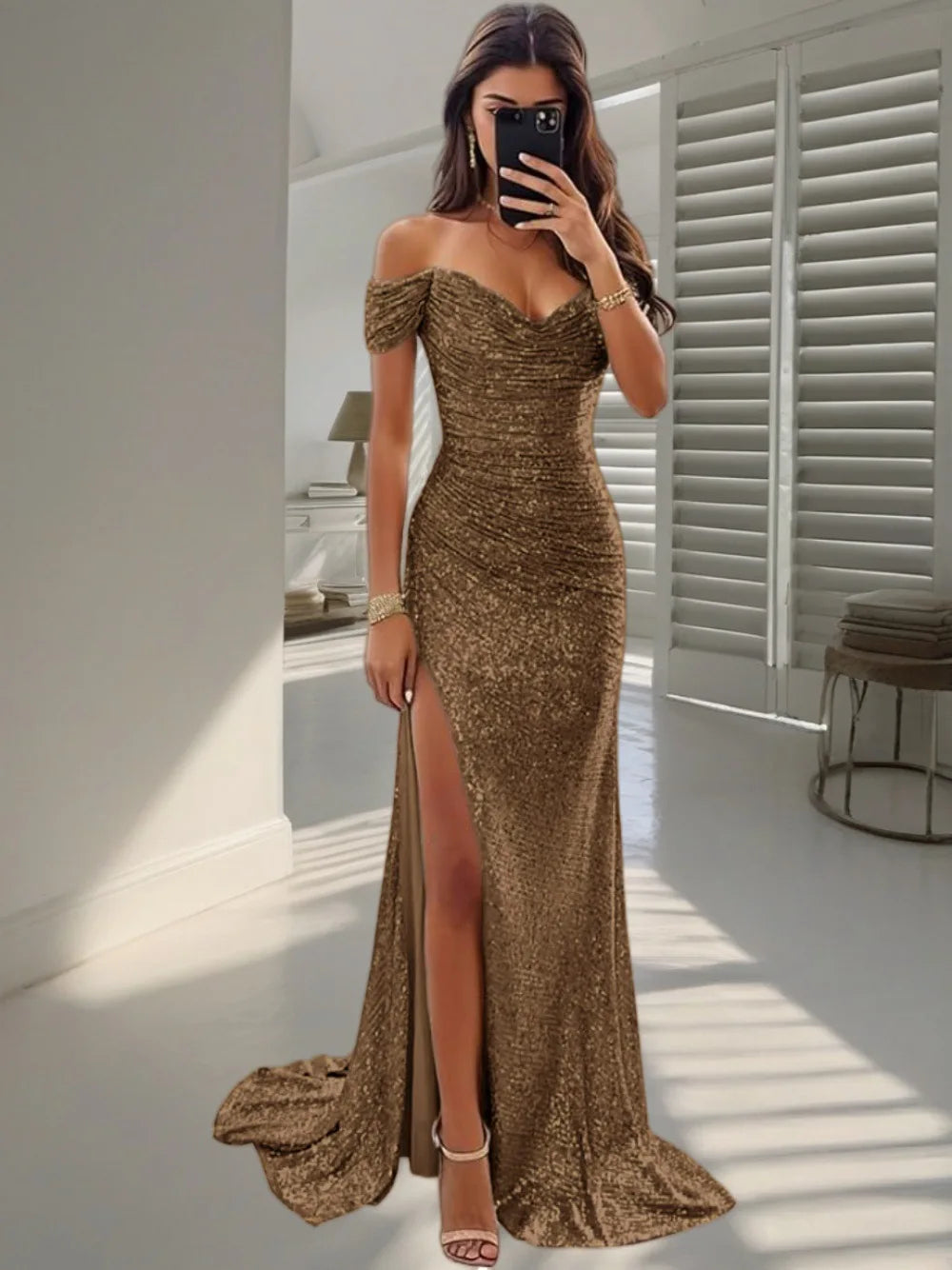 Women's Sexy Party Maxi Dress New Sequined One-line Collar Slit Dress Casual Fashion Prom Eveging Dresses For Women Robe Femme