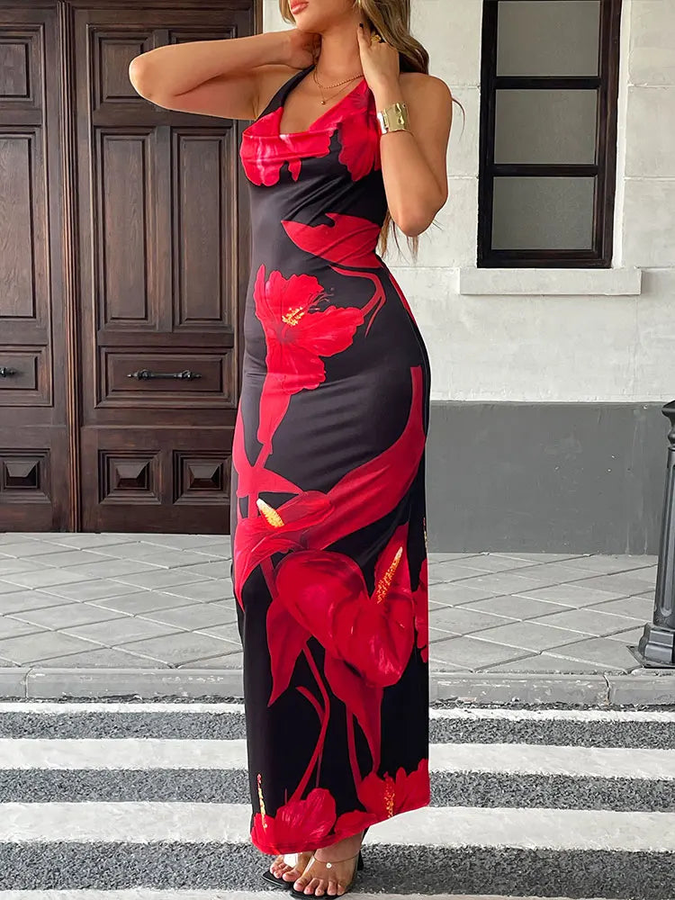 Women's Maxi Dresses Summer New Streetwear Fashion Lace-up Knitted Dress Red Sexy Female Print Backless Low Chest V-Neck Dresses
