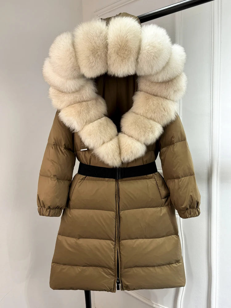 Lagabogy 2025 Winter Puffer Jacket Women Real Fox Fur Hooded Collar Thick Warm Long White Duck Down Coat Loose Luxury Outerwear