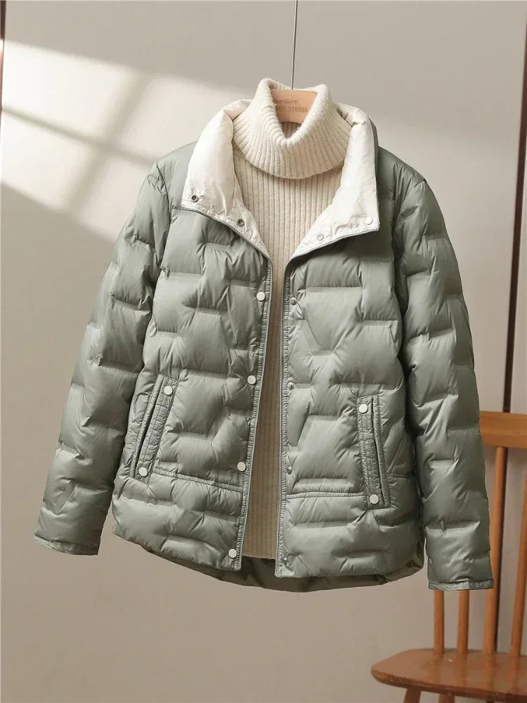 Casual Lapel Single Breasted Jacket Fashion Light Puffer Parka Outwear 2024 New Autumn Winter Women White Duck Down Coat