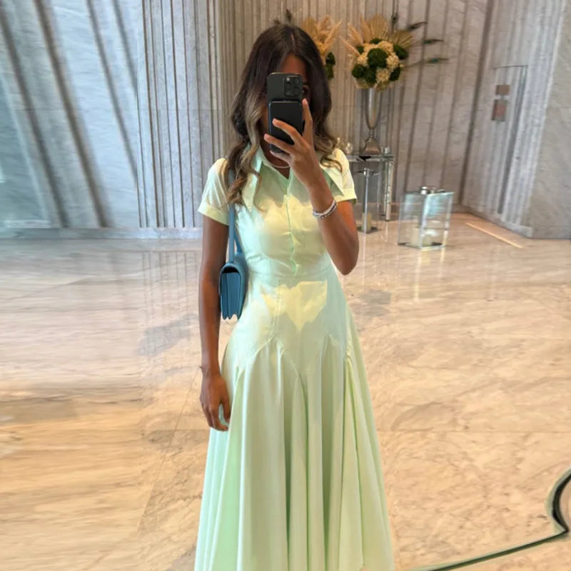 Elegant Single Breasted Khaki Long Dress Women Lapel Short Sleeve Pleat Slim Waist A-line Dresses 2025 Summer Autumn Lady Robes