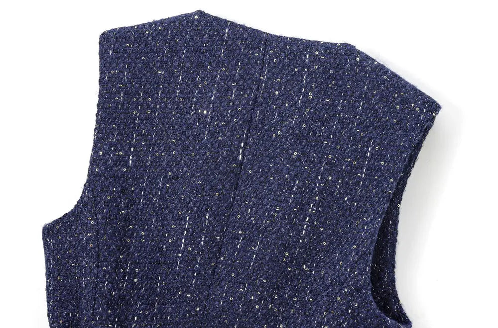 Women's Tweed Waistcoat with Belt, O Neck, Sleeveless, Front Button, Female Outerwear, Chic Tops, Fashion