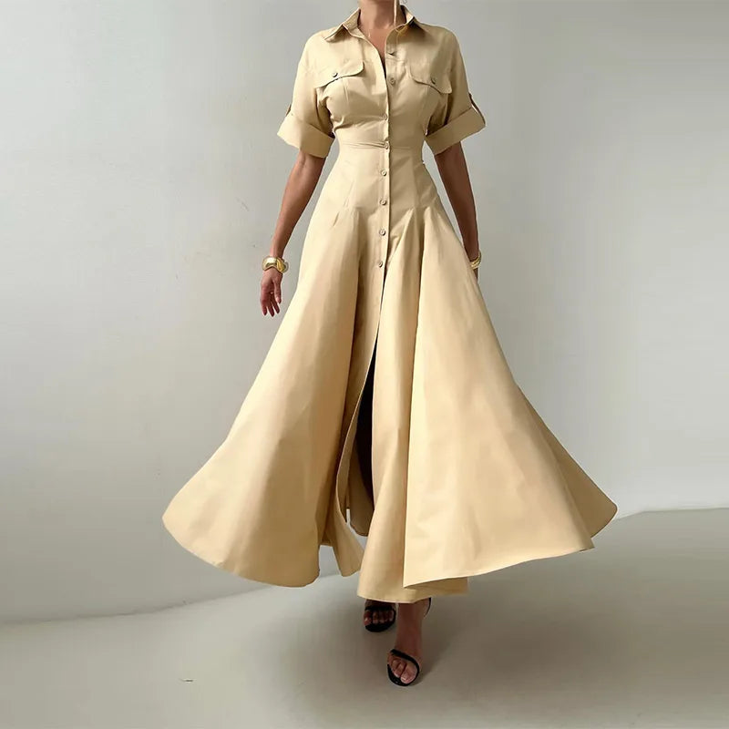 Elegant Single Breasted Khaki Long Dress Women Lapel Short Sleeve Pleat Slim Waist A-line Dresses 2025 Summer Autumn Lady Robes