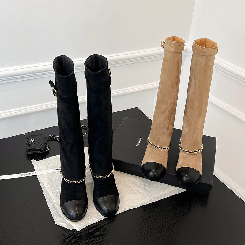 Arden Furtado 2024 Cowhide Mixed Colors Knee high boots Round toe Suede Pull-on Turned-over Edge Chunky heels Modern boots