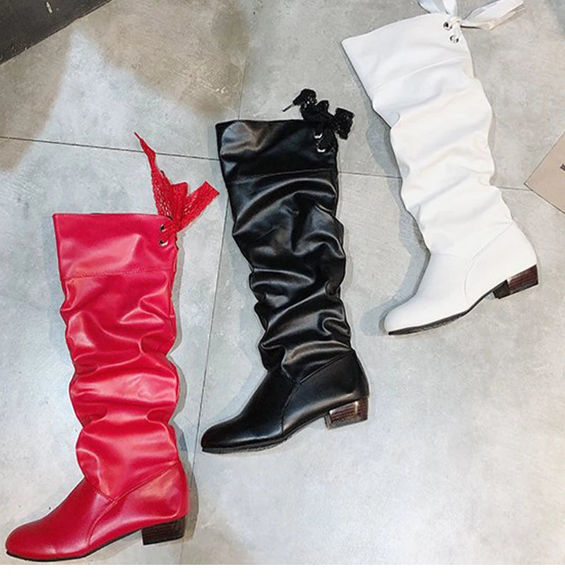 2023Shoes For Women  Knee High Boots Red Black White Tall Boots Woman Pleated Low Heel Casual Leather Female Long Shoes