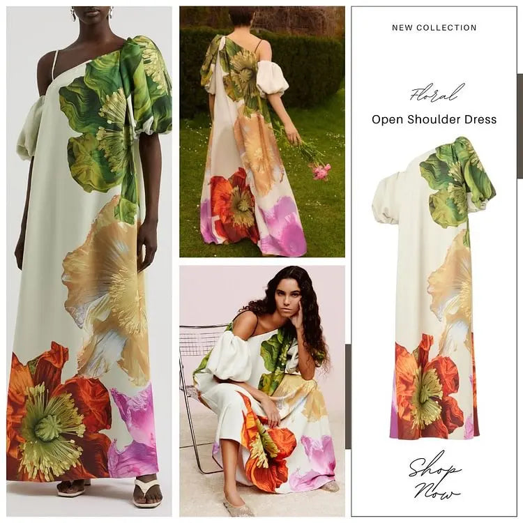 Women New Elegant Floral Printed Evening Maxi Dresses Loose One-Shoulder H-line Vacation Bohemia Dress