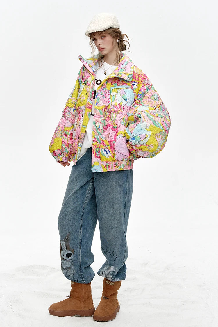 ELFSACK 2024 Winter New Arrivals Stand collar loose full printed short down jacket for women