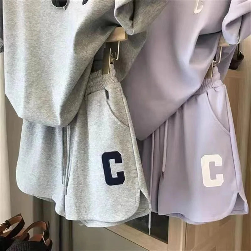 ﻿ 2 Piece Set Women Summer Loose Short Sleeve T-Shirt Casual Shorts Sports Print Letter Casual Suit Large Size Short Pajamas